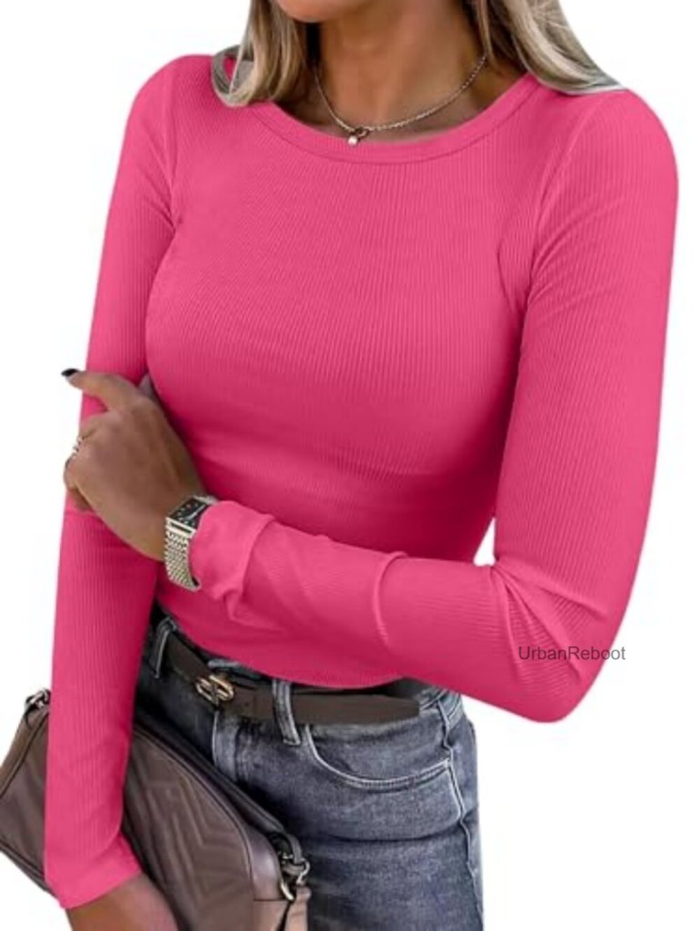 Women's Rib Knit Slim Fit Long Sleeve Crewneck T-Shirt Casual Basic Tee Fall